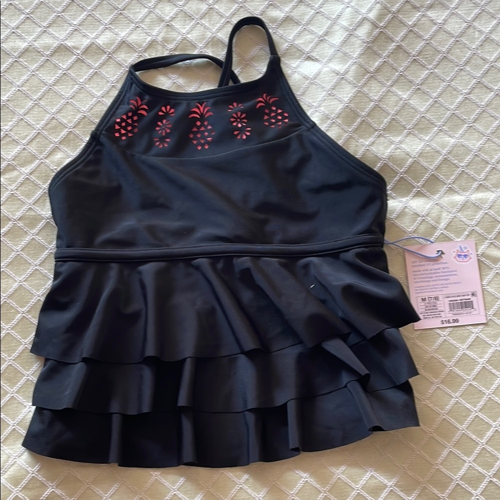 Black Ruffled Swim Top with pineapples